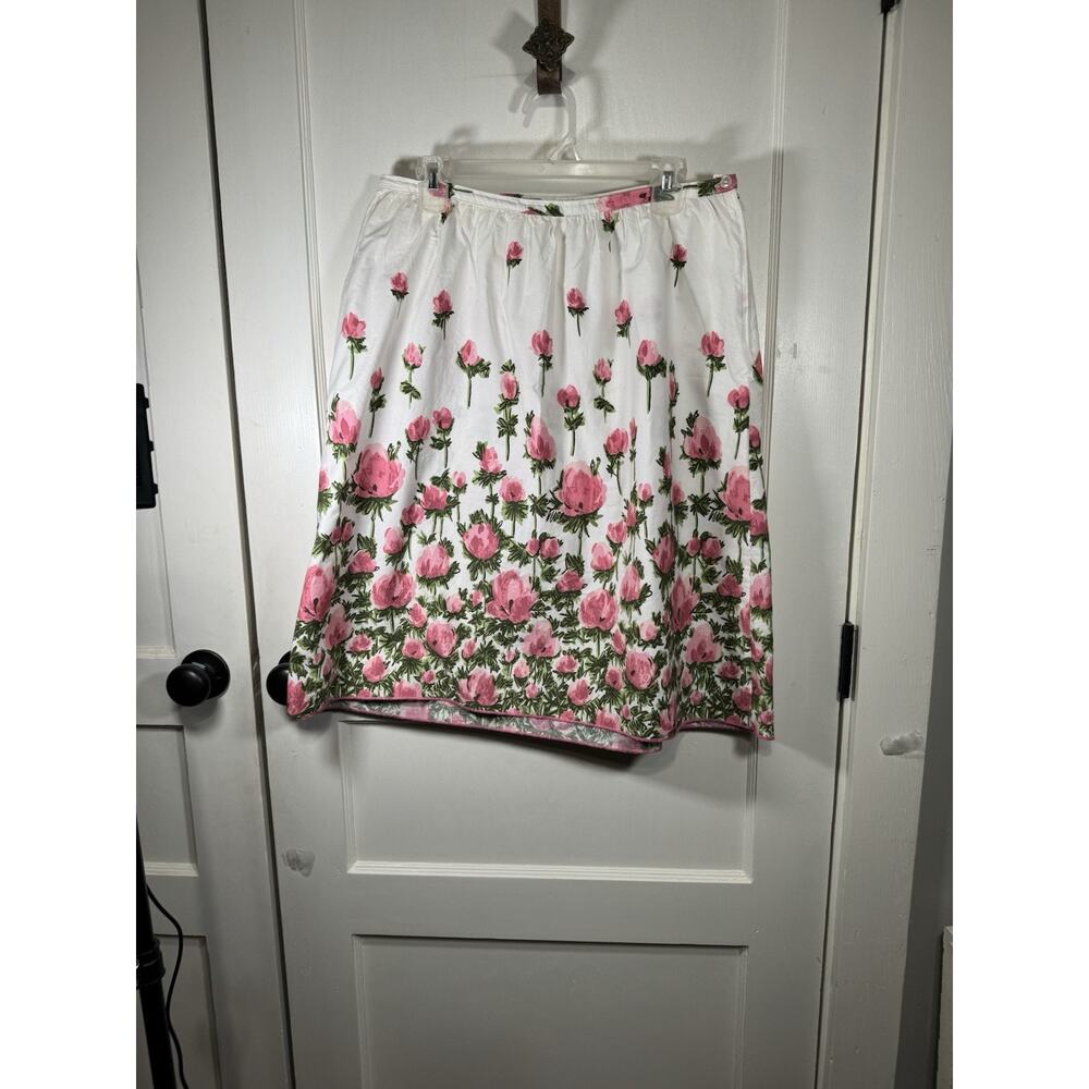 Speechless Pink Roses" print on White Cotton, A-line skirt. Tradwife Size Large